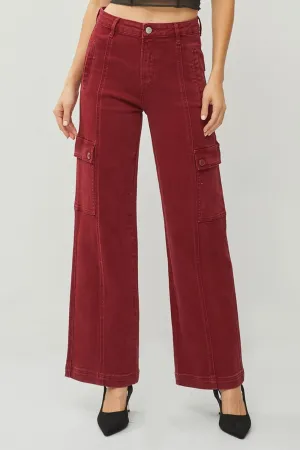 RISEN Full Size High Rise Burgundy Wide Leg Cargo Jeans