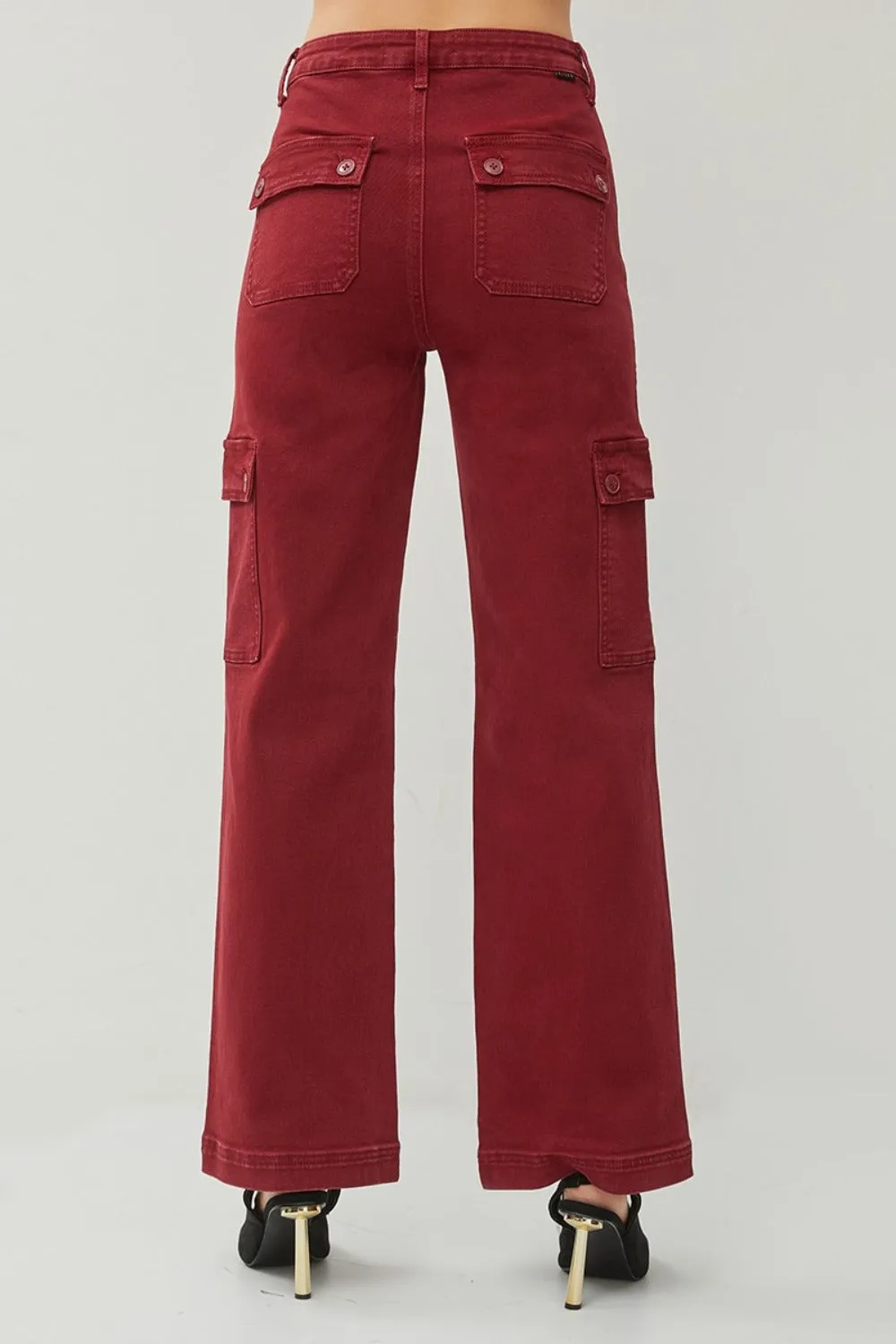 RISEN Full Size High Rise Burgundy Wide Leg Cargo Jeans
