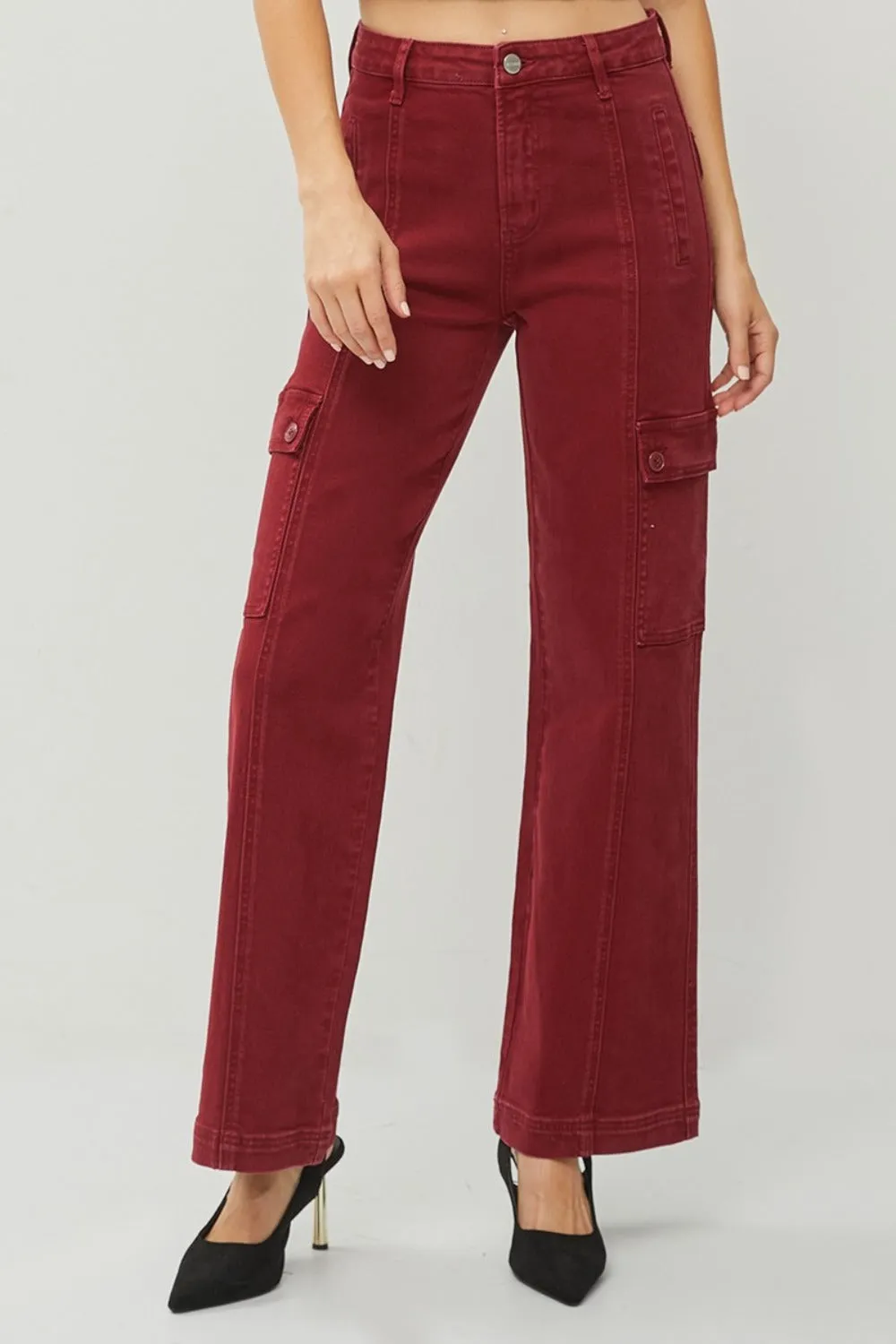 RISEN Full Size High Rise Burgundy Wide Leg Cargo Jeans