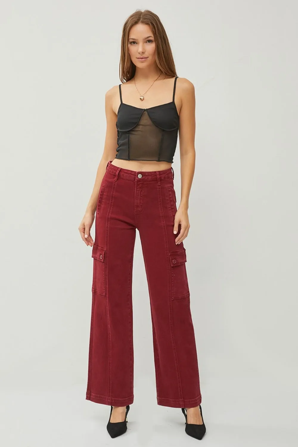 RISEN Full Size High Rise Burgundy Wide Leg Cargo Jeans
