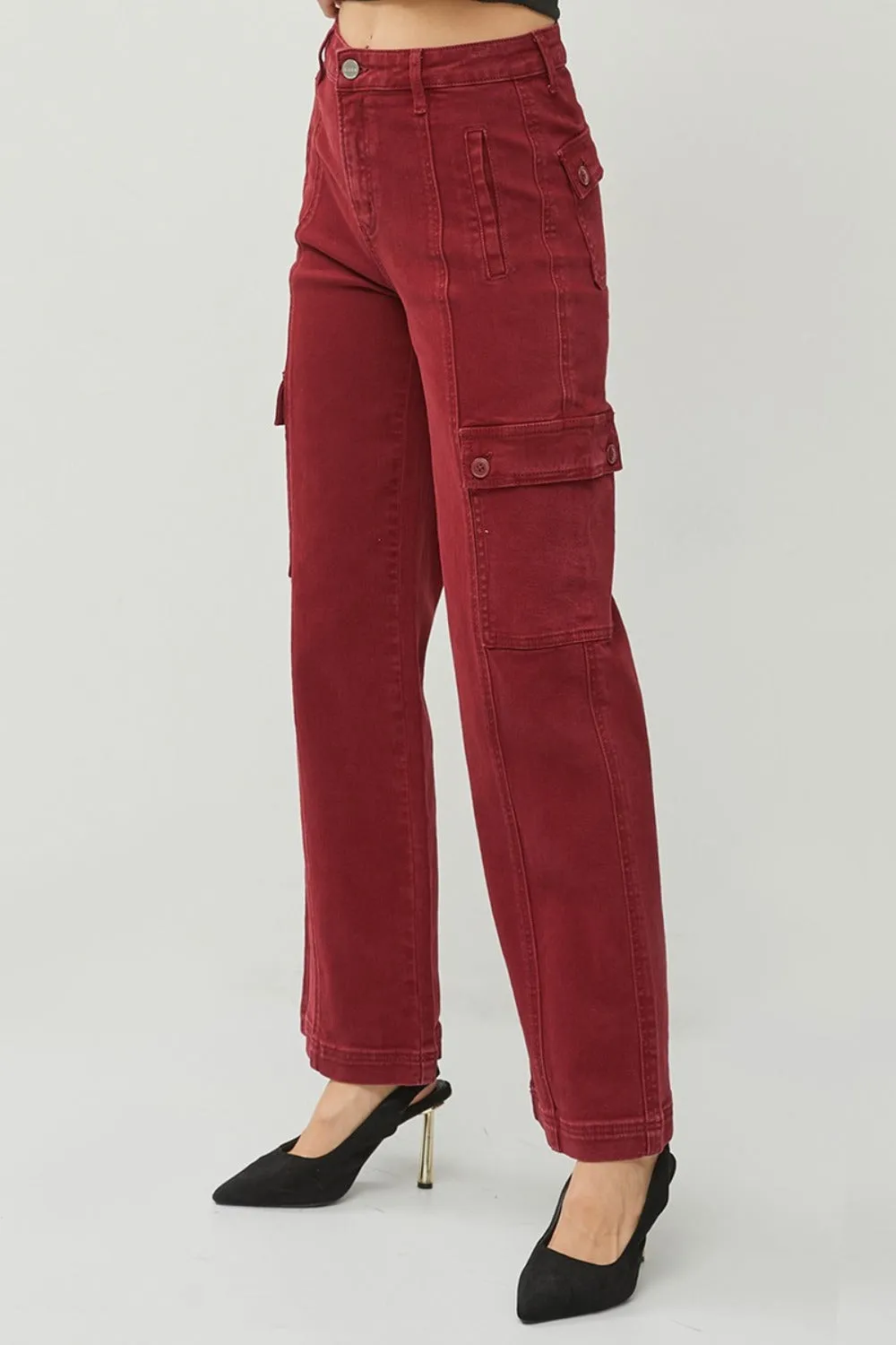 RISEN Full Size High Rise Burgundy Wide Leg Cargo Jeans