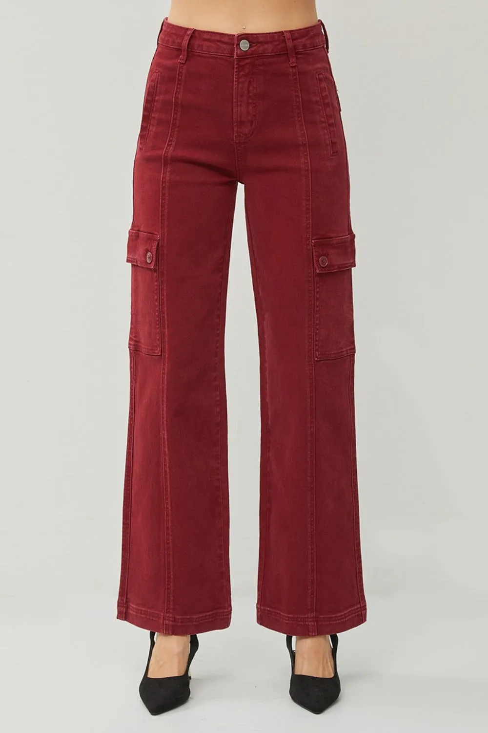 RISEN Full Size High Rise Burgundy Wide Leg Cargo Jeans