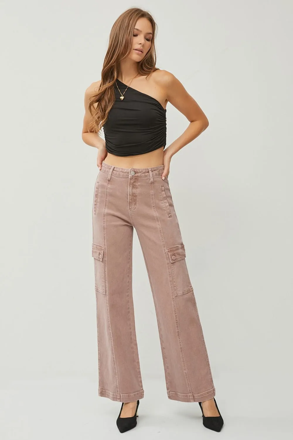 RISEN Full Size Mauve High Rise Wide Leg Cargo Jeans