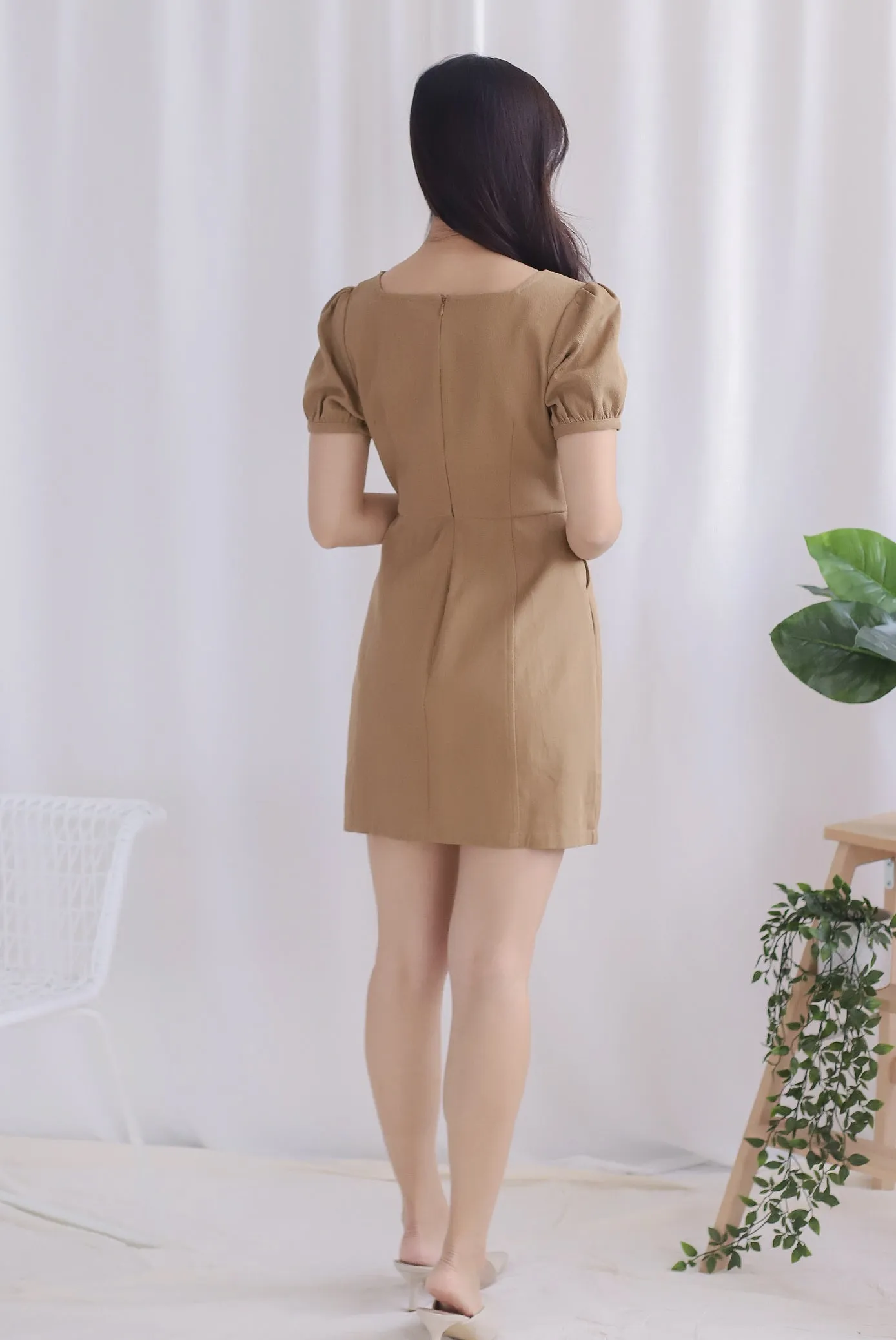 Roselynn Faux Buttons Denim Dress In Camel