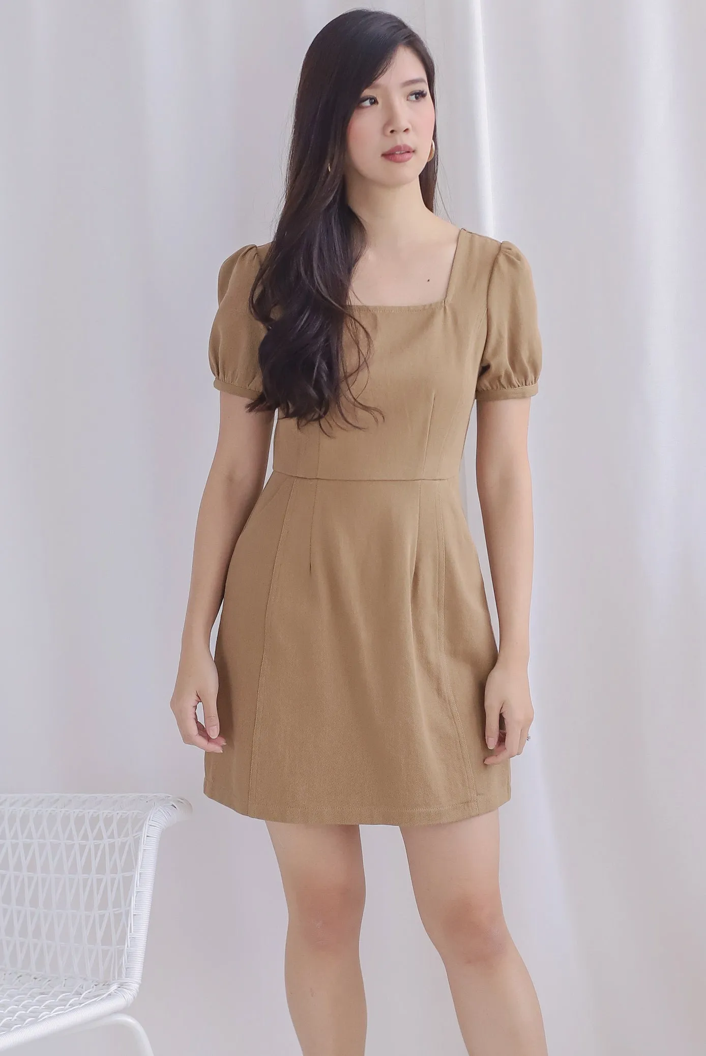 Roselynn Faux Buttons Denim Dress In Camel