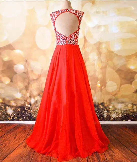 Round Neck Beaded Red Prom Dresses, Red Formal Dresses, Red Evening Dresses