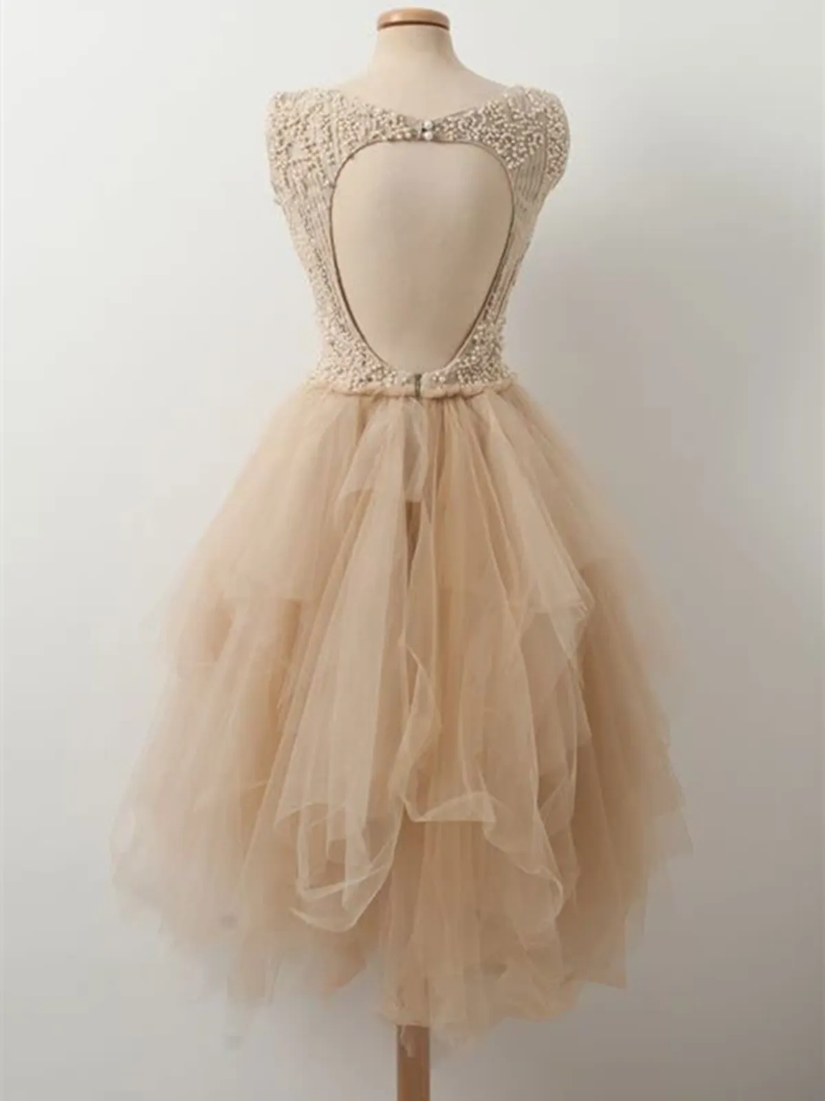Round Neck Hollow Back Champagne Beaded Hand Made Flower Tulle Short Prom Dresses, Open Back Champagne Beaded Tulle Short Evening Homecoming Dresses