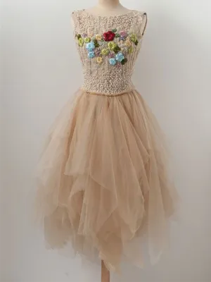 Round Neck Hollow Back Champagne Beaded Hand Made Flower Tulle Short Prom Dresses, Open Back Champagne Beaded Tulle Short Evening Homecoming Dresses