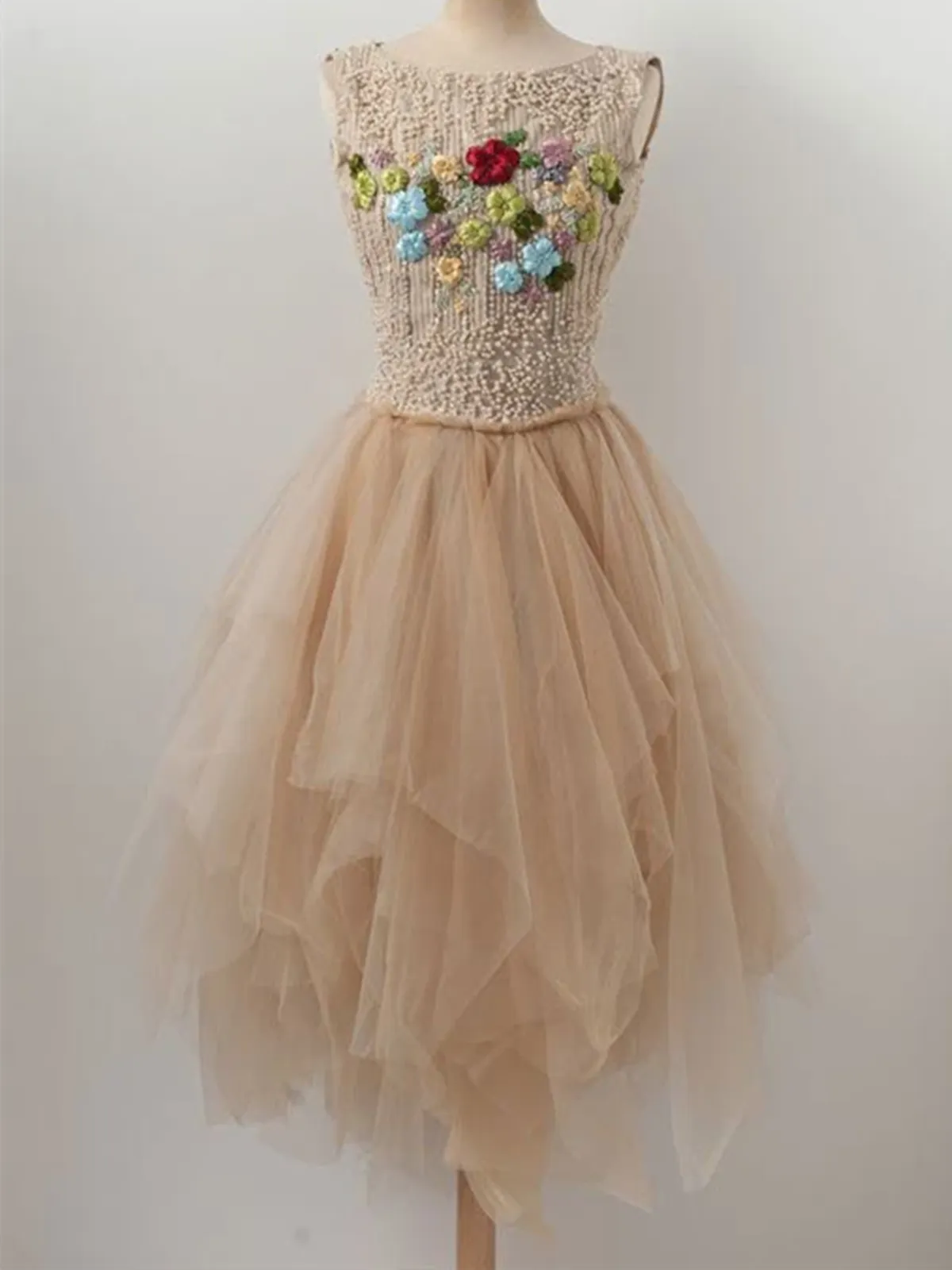 Round Neck Hollow Back Champagne Beaded Hand Made Flower Tulle Short Prom Dresses, Open Back Champagne Beaded Tulle Short Evening Homecoming Dresses