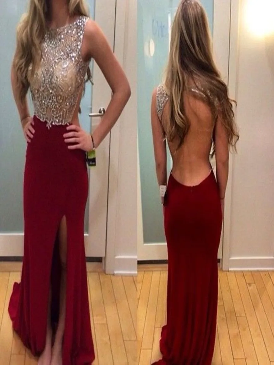 Round Neck Mermaid Backless Maroon Prom Dresses/Backless Formal Dresses