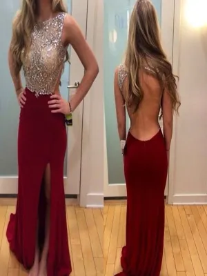 Round Neck Mermaid Backless Maroon Prom Dresses/Backless Formal Dresses