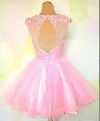Round Neck Pink Short Lace Prom Dress, Pink Lace Homecoming/Bridesmaid/Graduation Dress