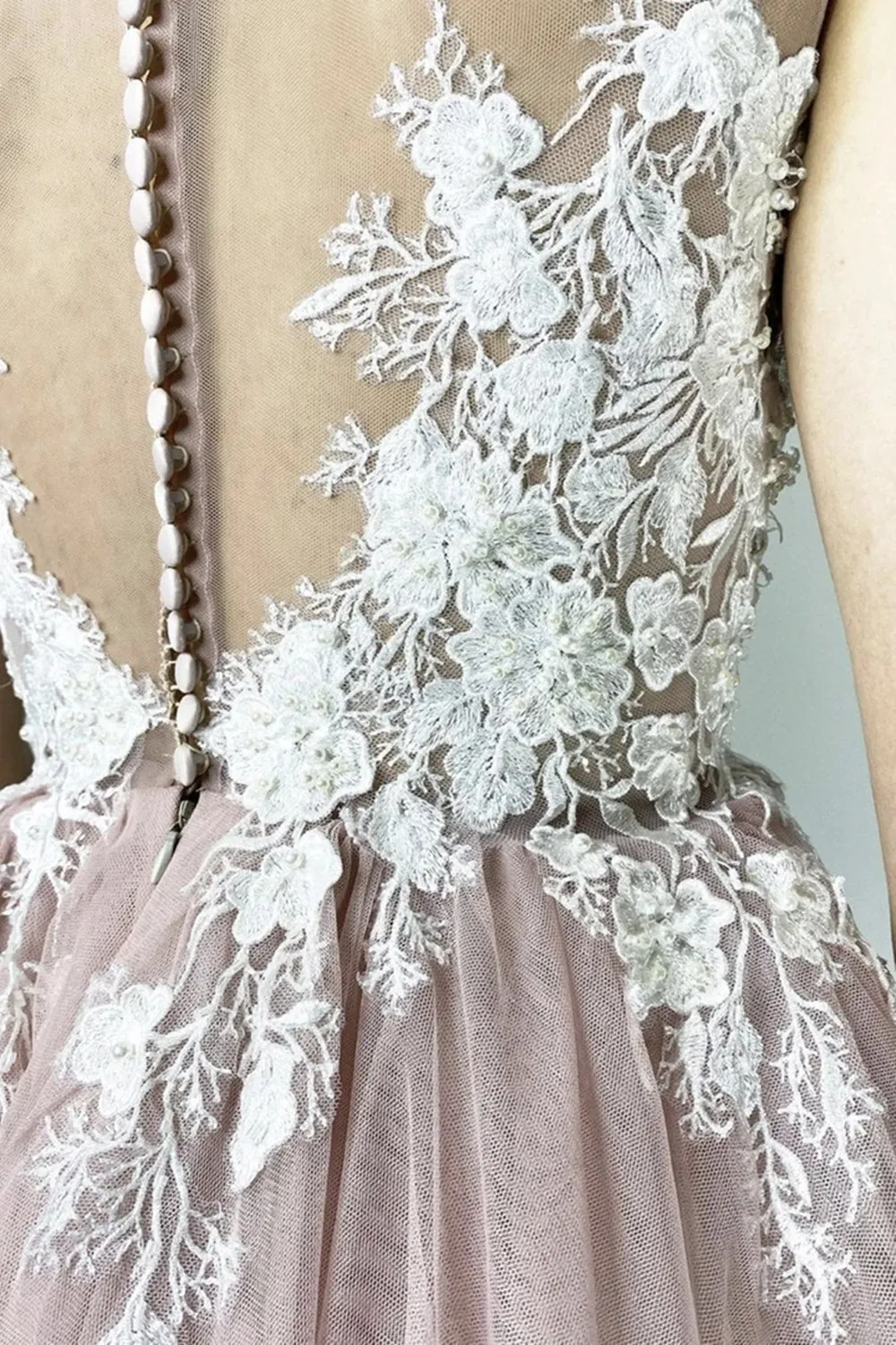 Round Neck Short Pink Lace Floral Prom Dress, Pink Lace Homecoming Dress, Pink Formal Evening Dress