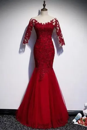 Round Neck Short Sleeves Mermaid Burgundy Lace Long Prom Dress, Mermaid Burgundy Lace Formal Dress, Wine Red Evening Dress