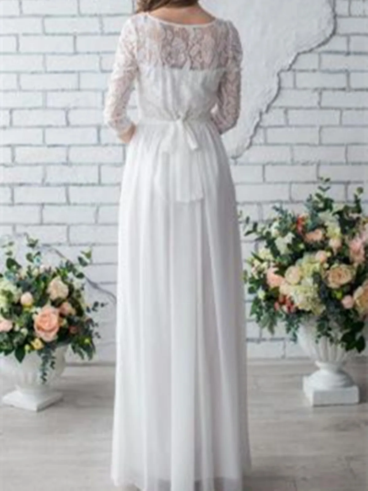 Round Neck White Lace Long Half Sleeves Chiffon Wedding Dress,Lace Half Sleeves Bridal Dress