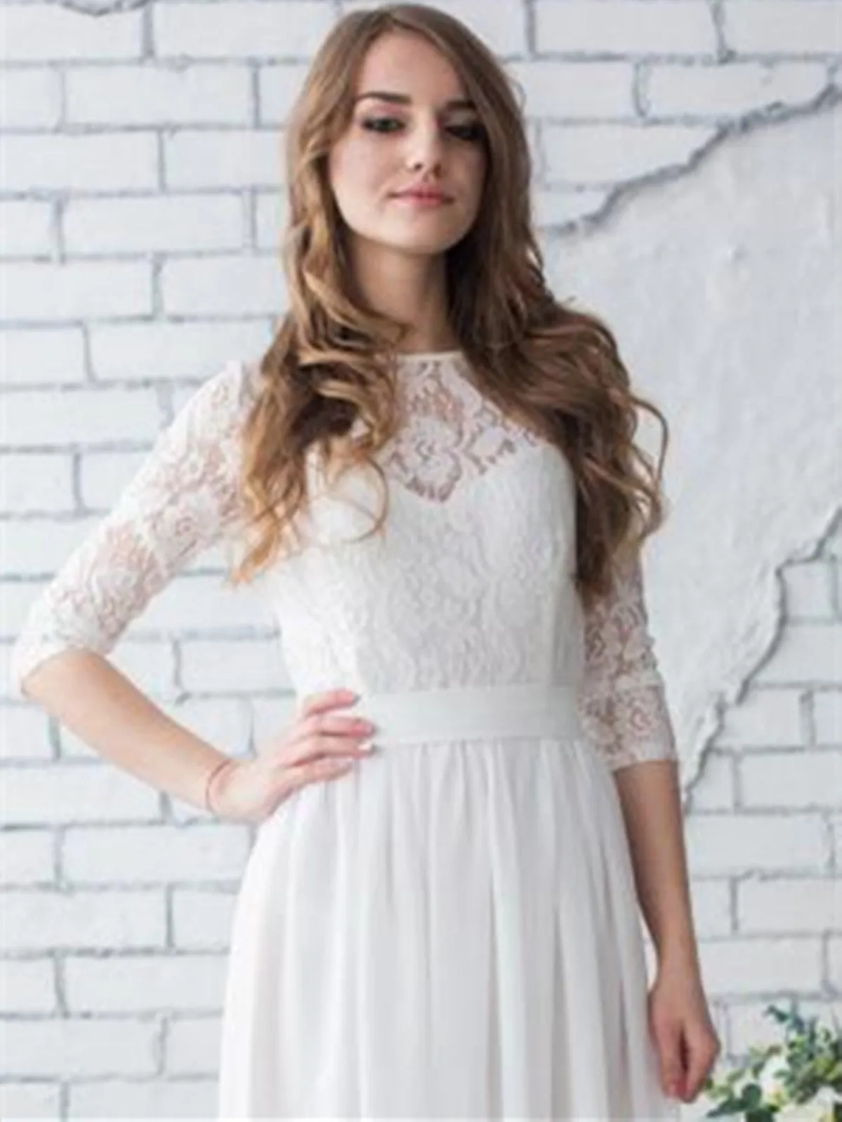 Round Neck White Lace Long Half Sleeves Chiffon Wedding Dress,Lace Half Sleeves Bridal Dress