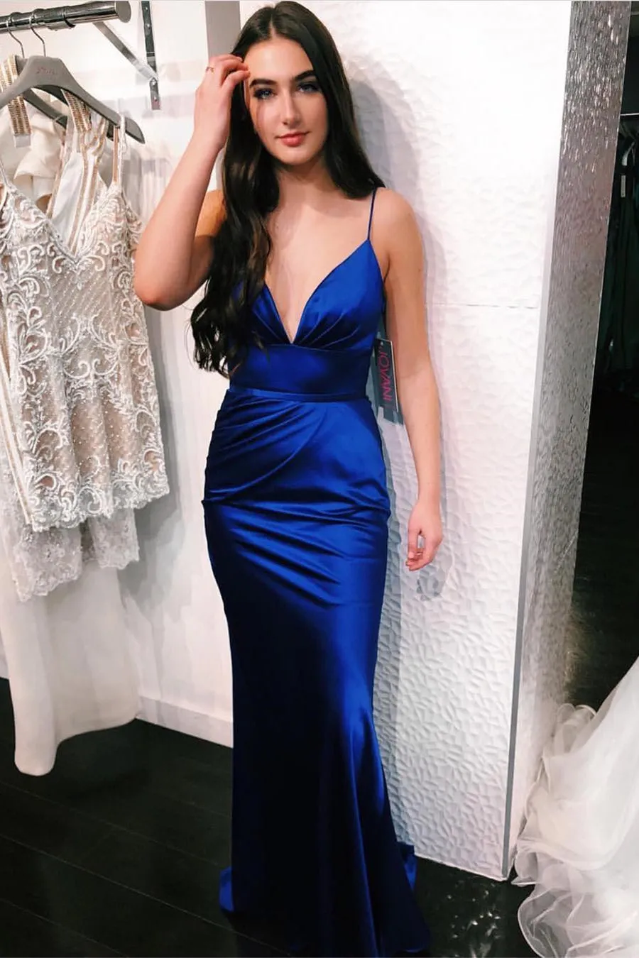 Royal Blue Satin Mermaid V Neck Long Prom Dress, Mermaid Royal Blue Formal Dress, Royal Blue Evening Dress