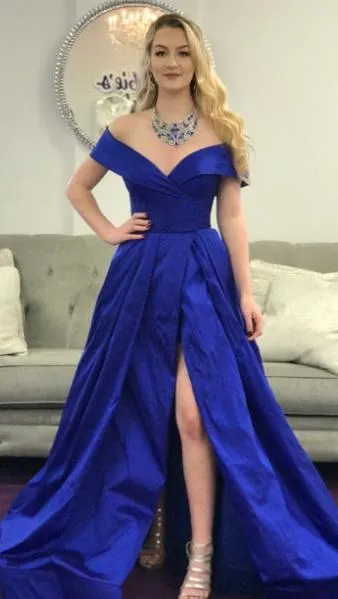 Royal Blue Sweetheart Slit Prom Dresses, Off Shoulder Formal Dresses, Off Shoulder Ball Gown