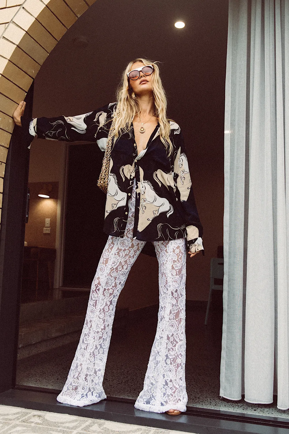 Runaway Horses Silk Crepe Oversized Shirt - Black