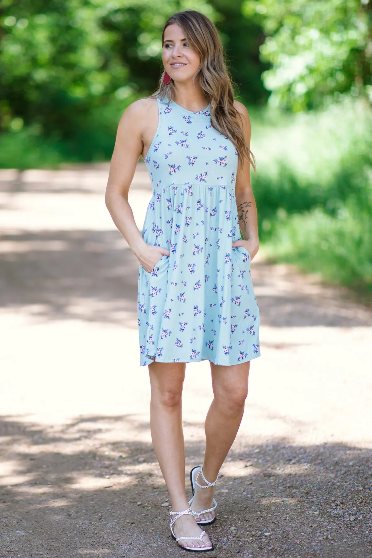 Sage Floral Elastic Waist Ribbed Dress