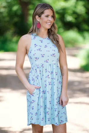 Sage Floral Elastic Waist Ribbed Dress