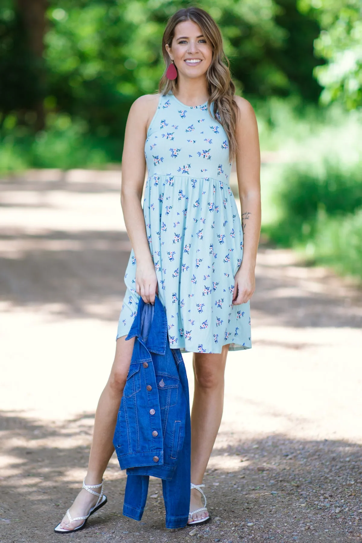 Sage Floral Elastic Waist Ribbed Dress
