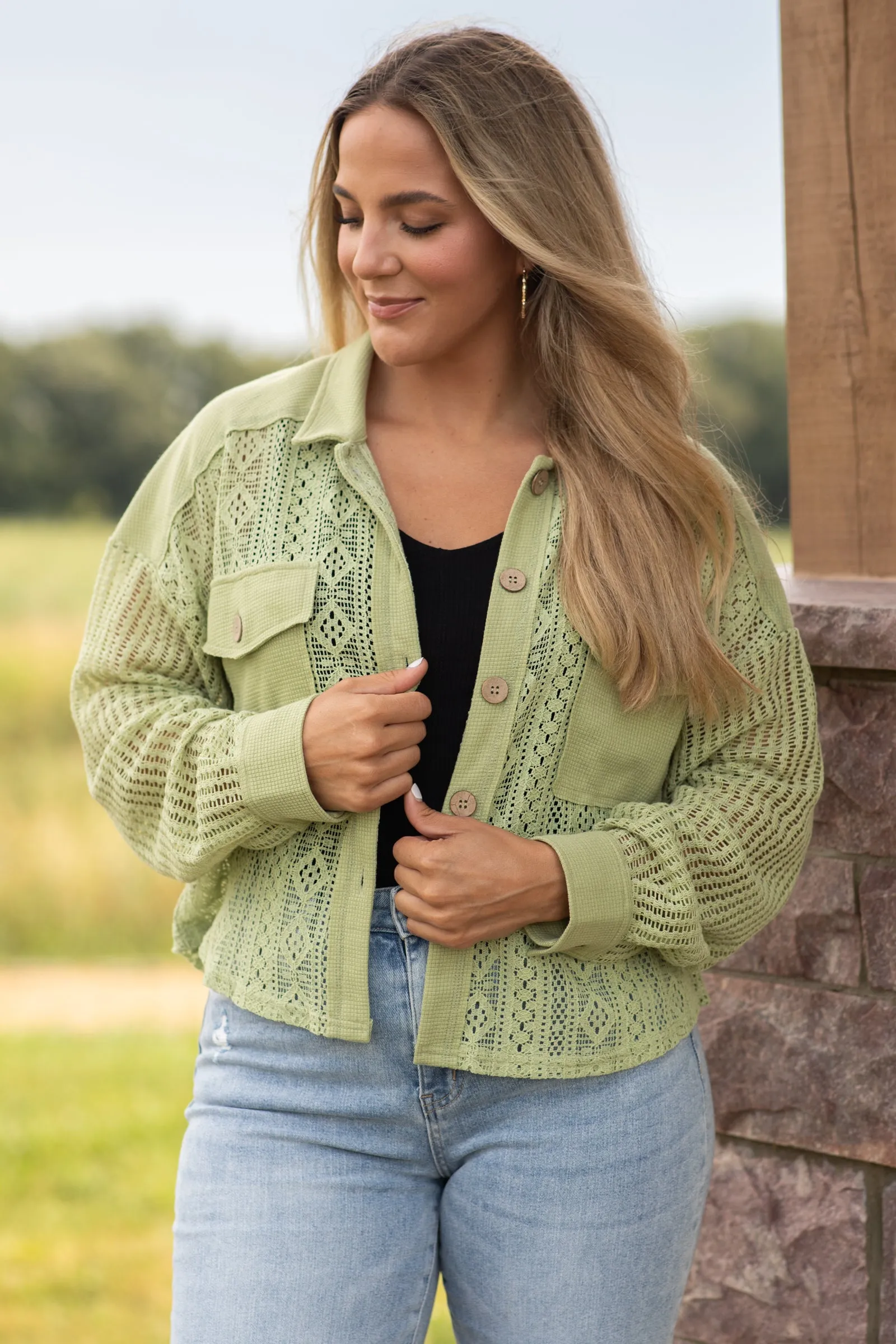 Sage Oversized Lace Detail Shirt Jacket