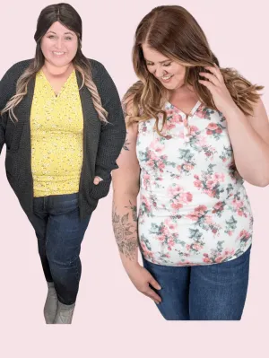 SALE- RIBBED BUTTON FRONT HENLEY TANK- FLORALS