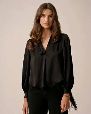 Satin Fringe Blouse Black