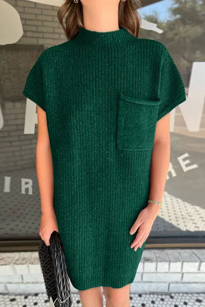 Savannah Ribbed Pocketed Mock Neck Short Sleeve Sweater