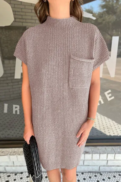 Savannah Ribbed Pocketed Mock Neck Short Sleeve Sweater