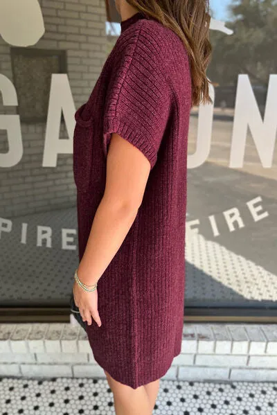 Savannah Ribbed Pocketed Mock Neck Short Sleeve Sweater