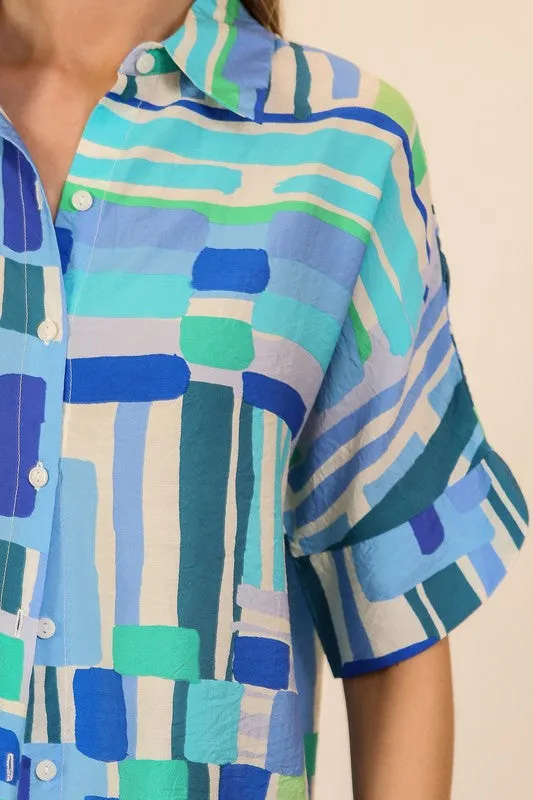 SAVE BY THE BELL BUTTON DOWN TOP  -BLUE MULTI