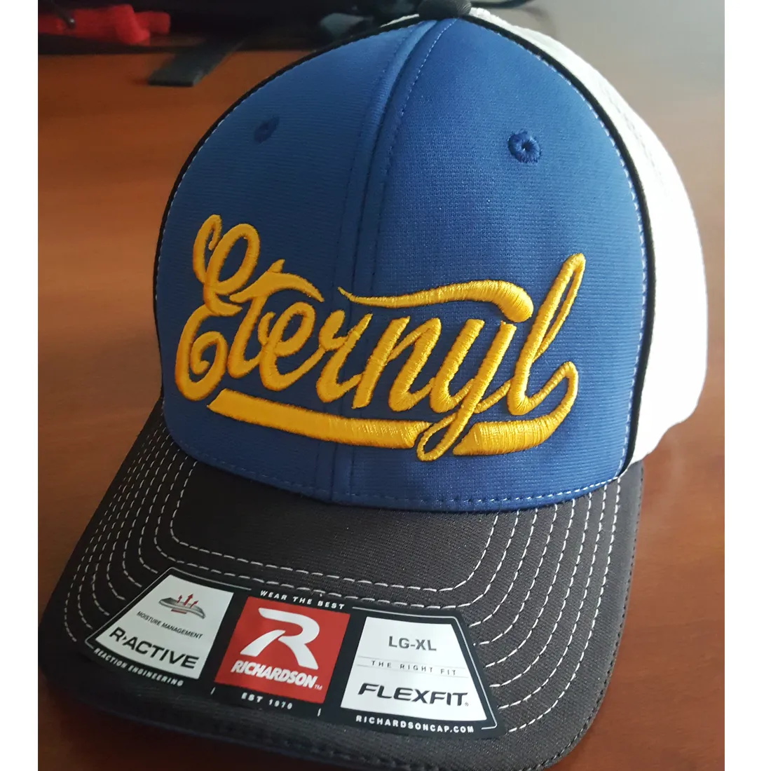 Scripty Brew Puff Fitted Blue Trucker Cap