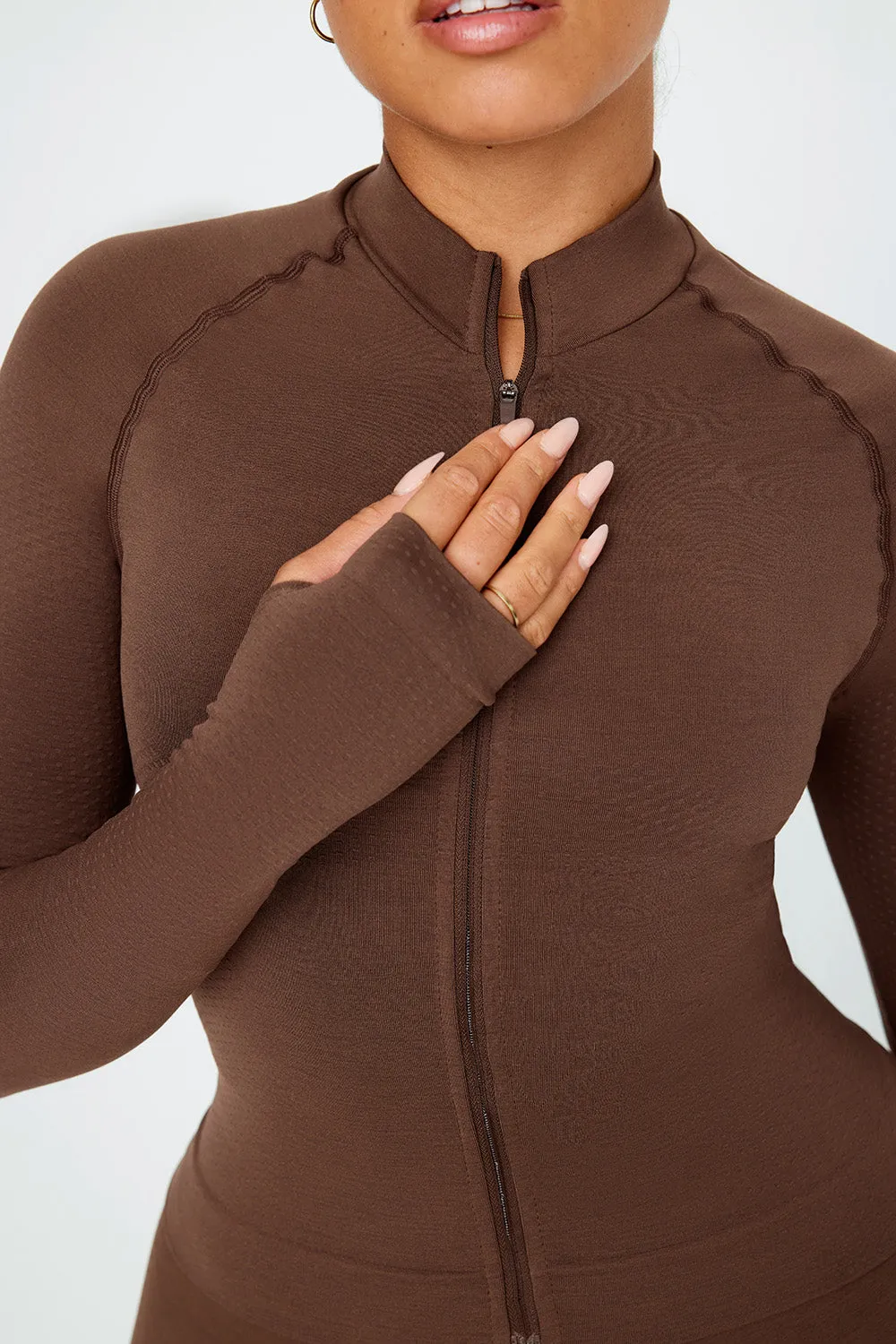 SCULPT SEAMLESS MOCK NECK ZIP THROUGH JACKET-  COFFEE MARL