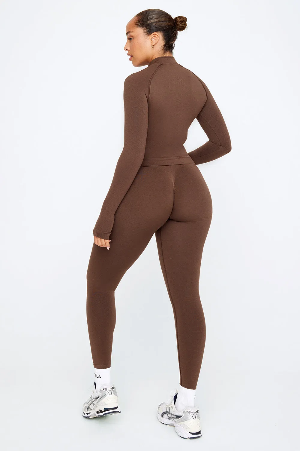SCULPT SEAMLESS MOCK NECK ZIP THROUGH JACKET-  COFFEE MARL
