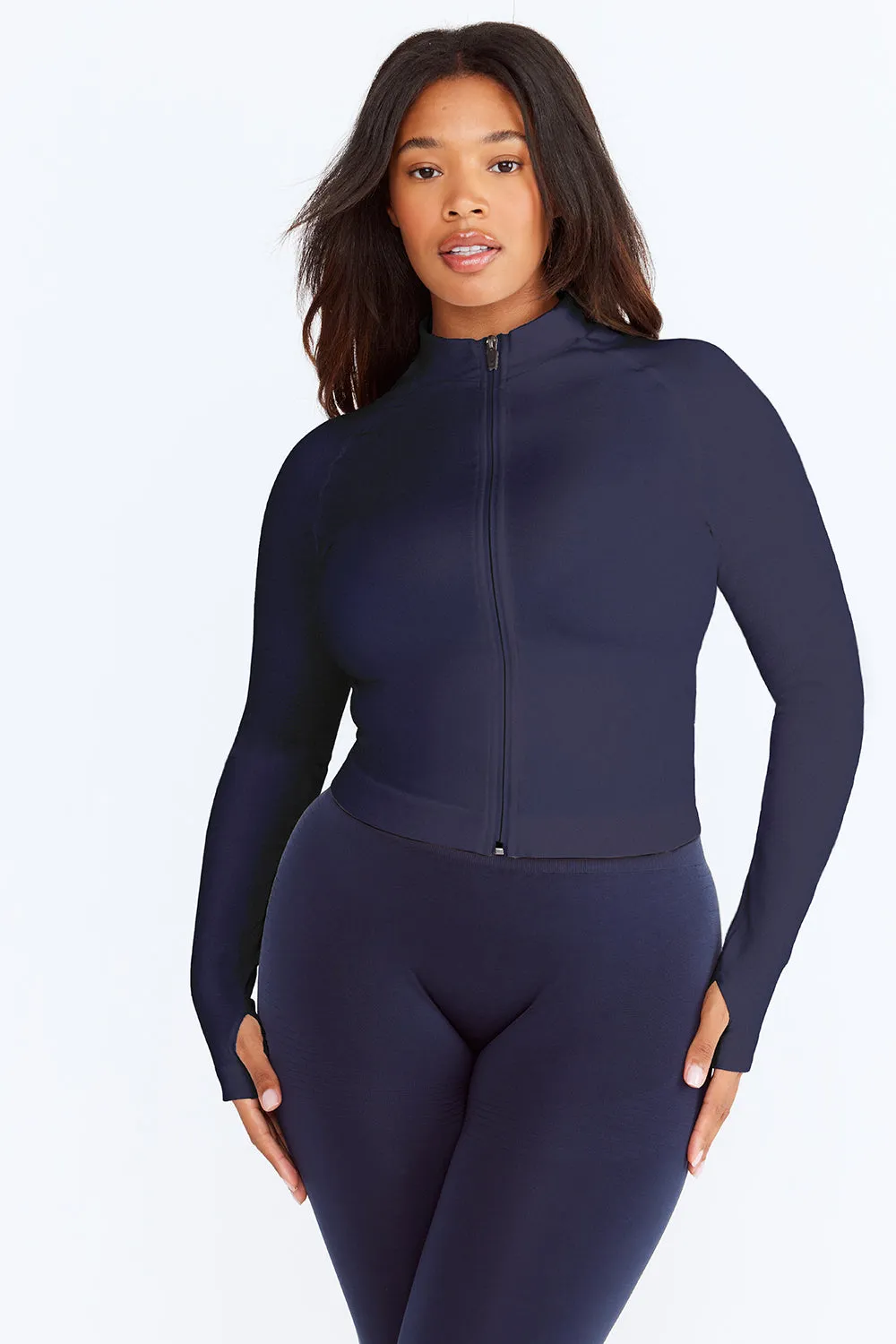 SCULPT SEAMLESS MOCK NECK ZIP THROUGH JACKET-  NAVY MARL