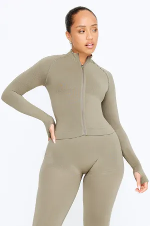 SCULPT SEAMLESS MOCK NECK ZIP THROUGH JACKET-  OLIVE MARL