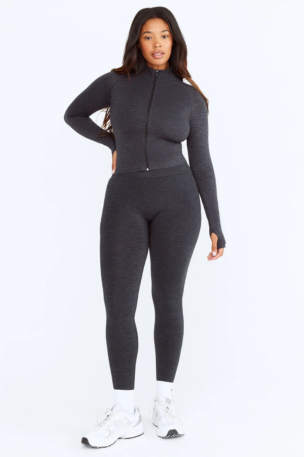 SCULPT SEAMLESS MOCK NECK ZIP THROUGH JACKET-  OYSTER BLACK MARL