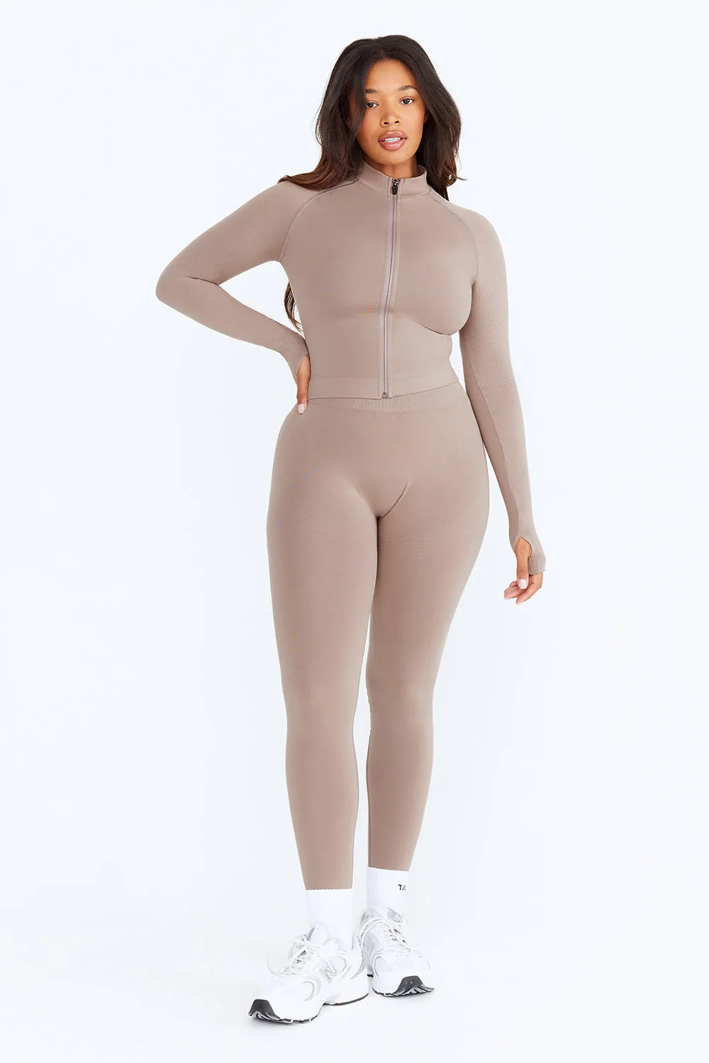 SCULPT SEAMLESS MOCK NECK ZIP THROUGH JACKET-  PEBBLE MARL