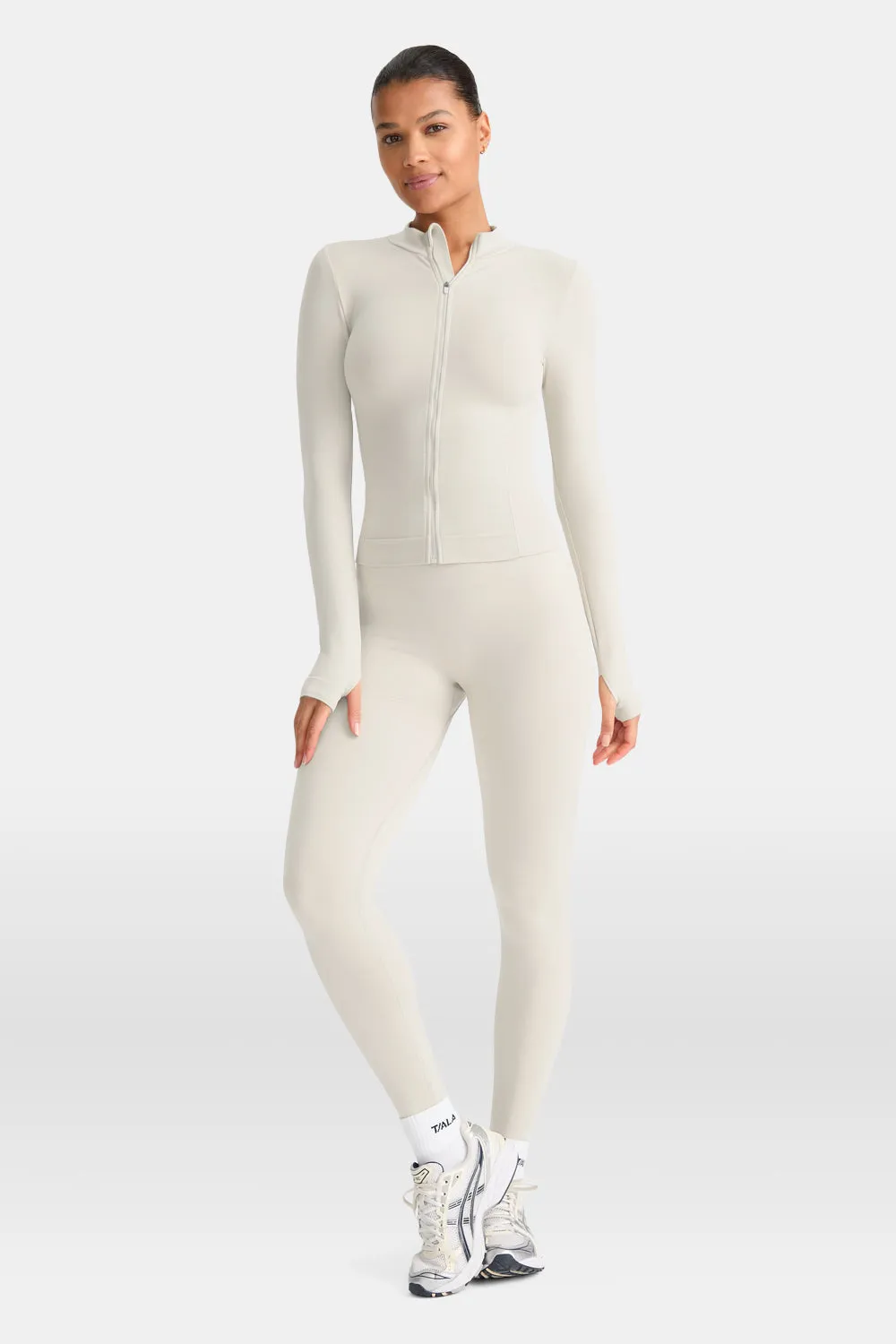SCULPT SEAMLESS ZIP THROUGH LONGLINE JACKET - CHAI MARL