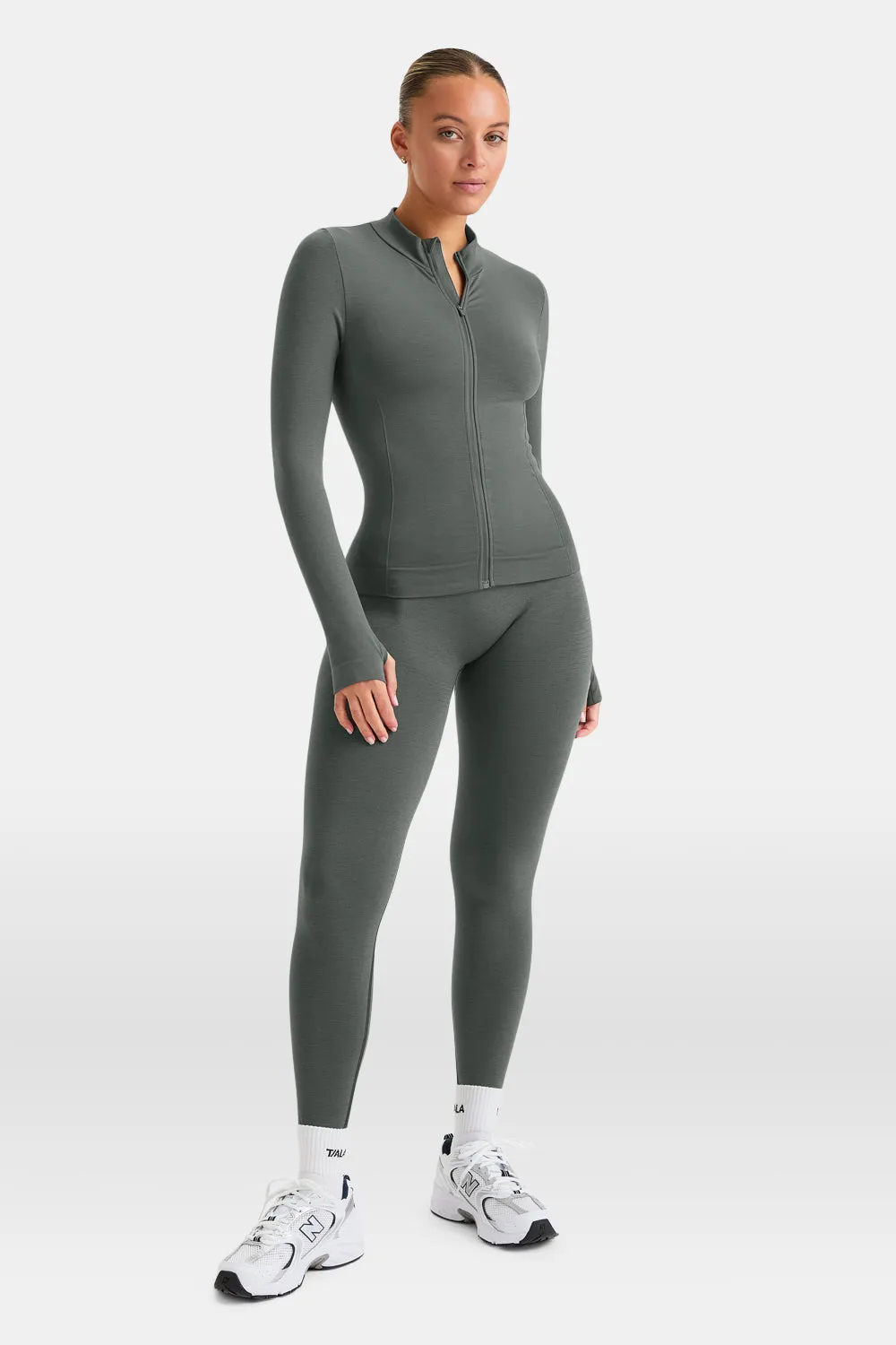 SCULPT SEAMLESS ZIP THROUGH LONGLINE JACKET - DARK OLIVE