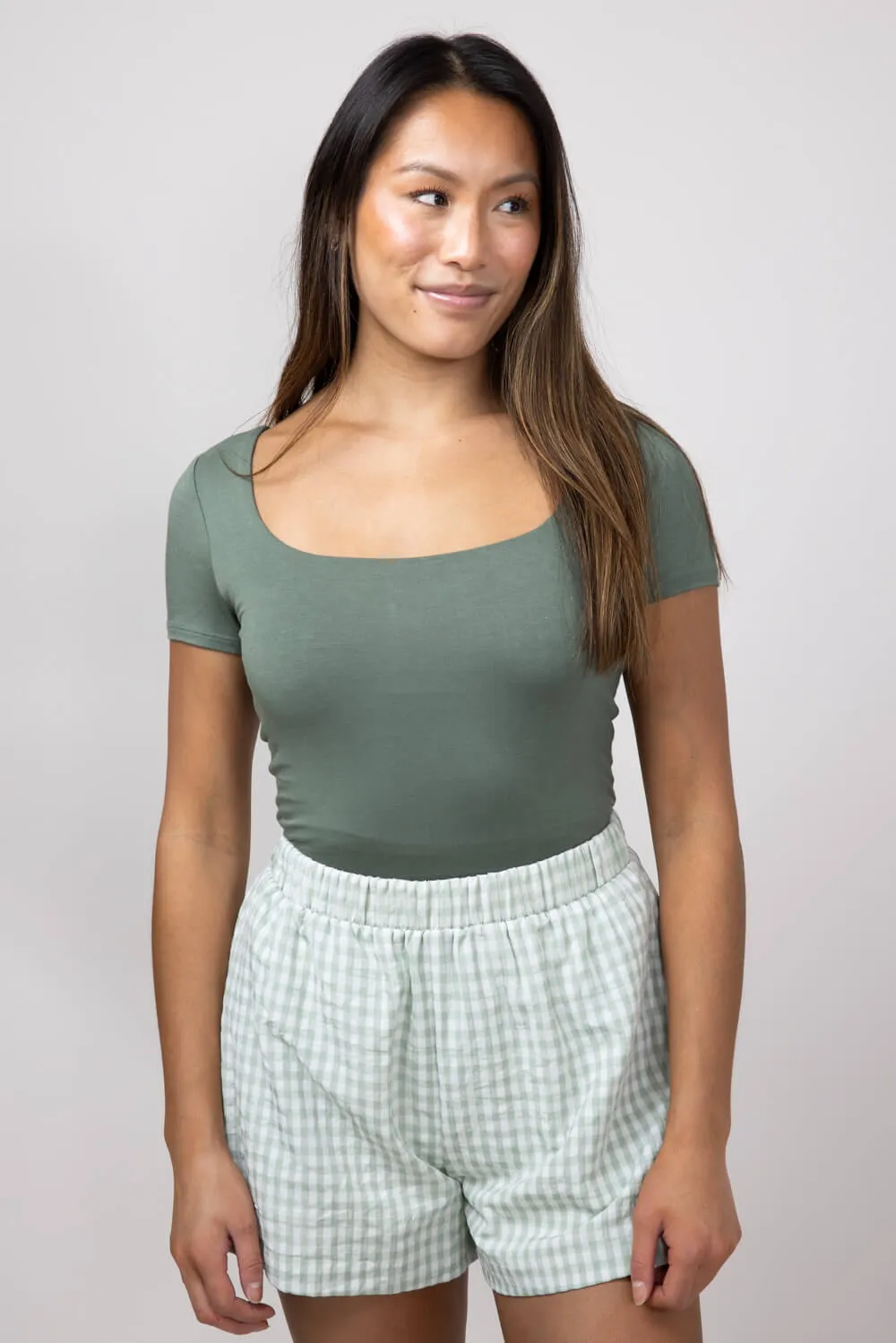 Seamless Double Layer Knit T-Shirt for Women in Olive | T30991-OLIVEPI