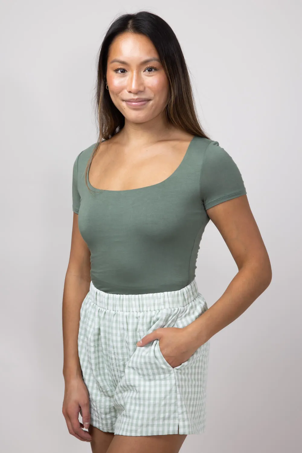 Seamless Double Layer Knit T-Shirt for Women in Olive | T30991-OLIVEPI