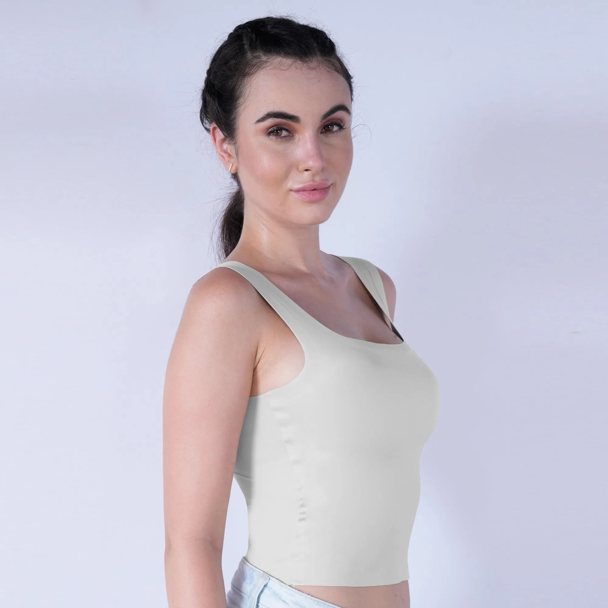 Seamless Padded Bra Top with Broad Straps & U-Neckline