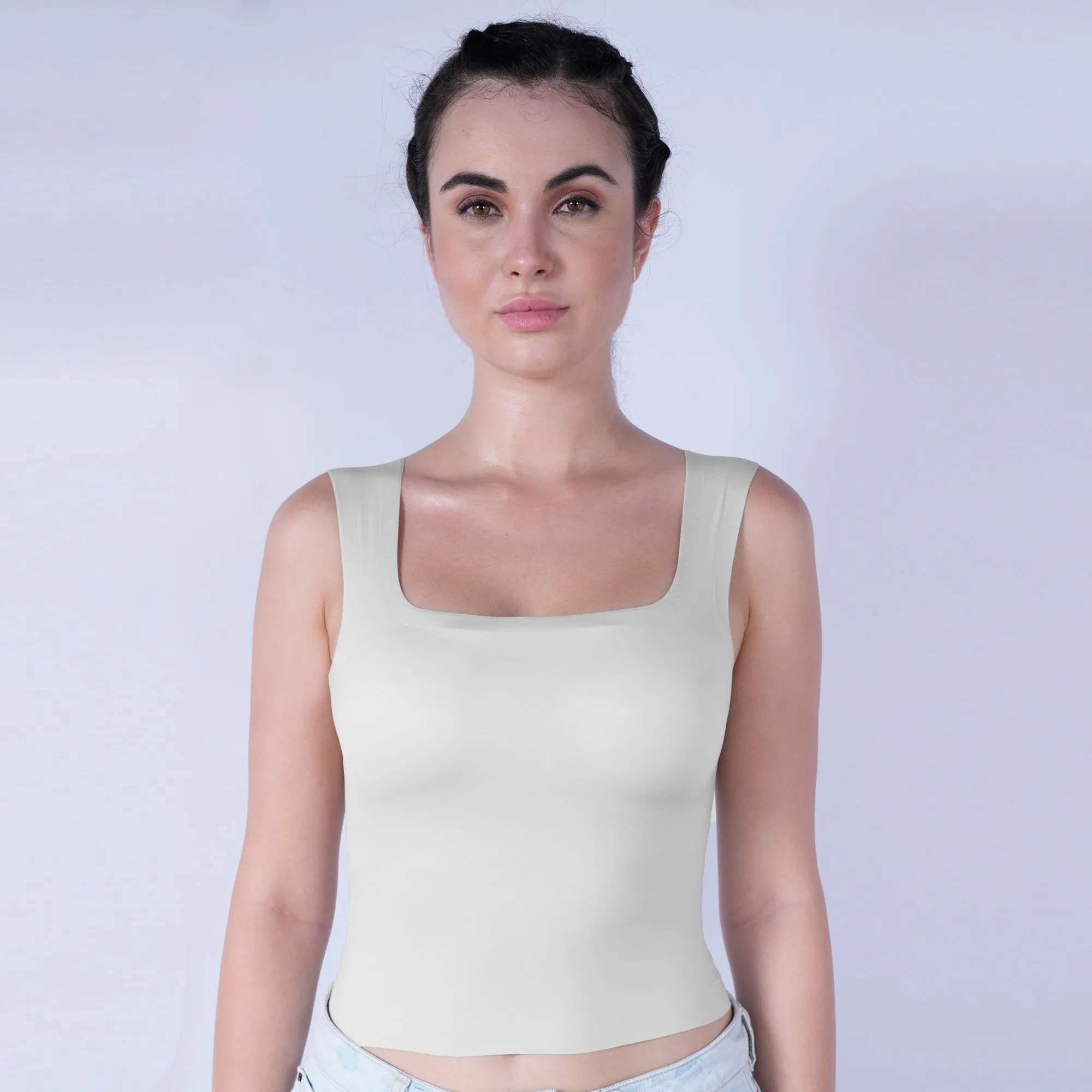 Seamless Padded Bra Top with Broad Straps & U-Neckline