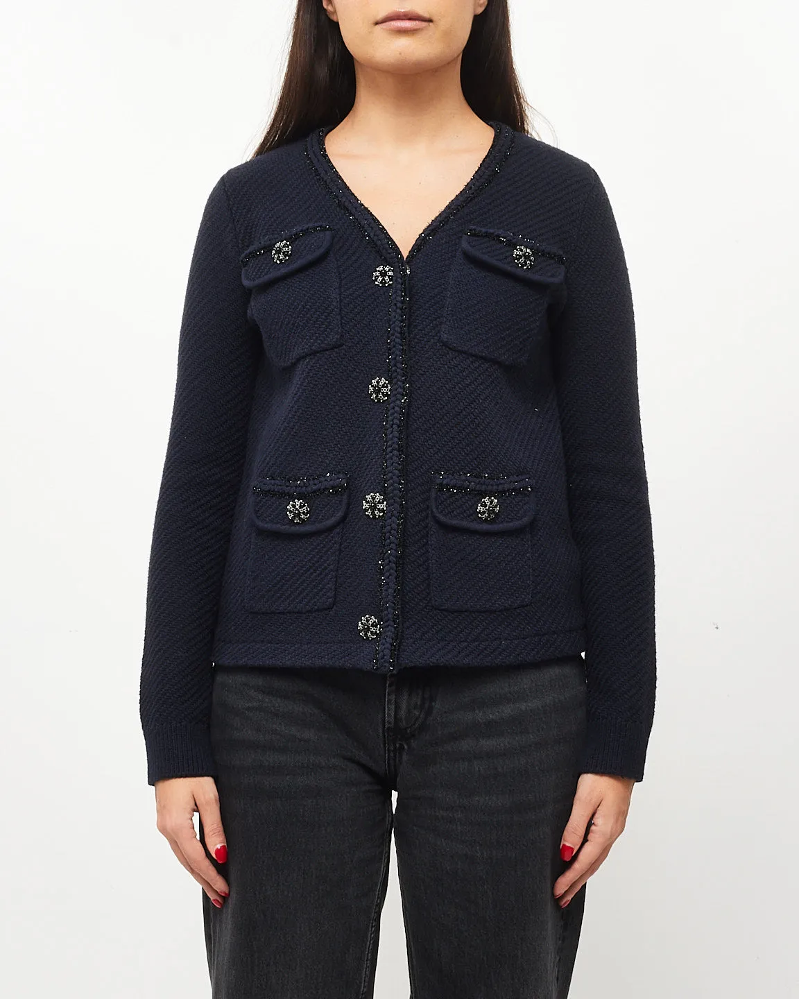 Self Portrait Navy Sparkle & Embellished Button Cardigan - S