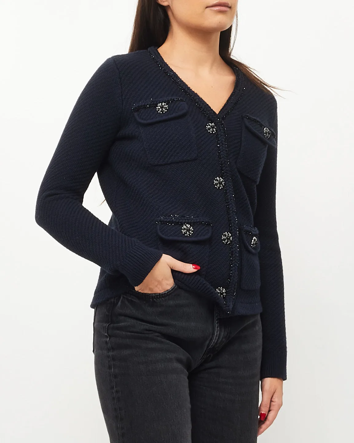 Self Portrait Navy Sparkle & Embellished Button Cardigan - S