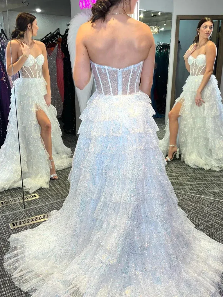 Sequins Strapless White Tulle Ruffle Long Prom Dresses with High Slit, Strapless Open Back White Formal Evening Dresses