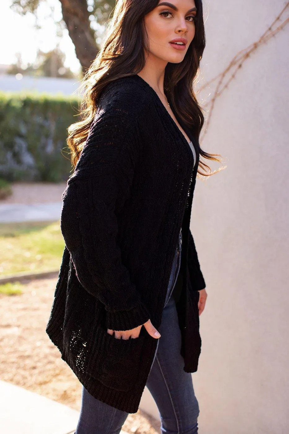 Serene Black Cable Knit Cardigan